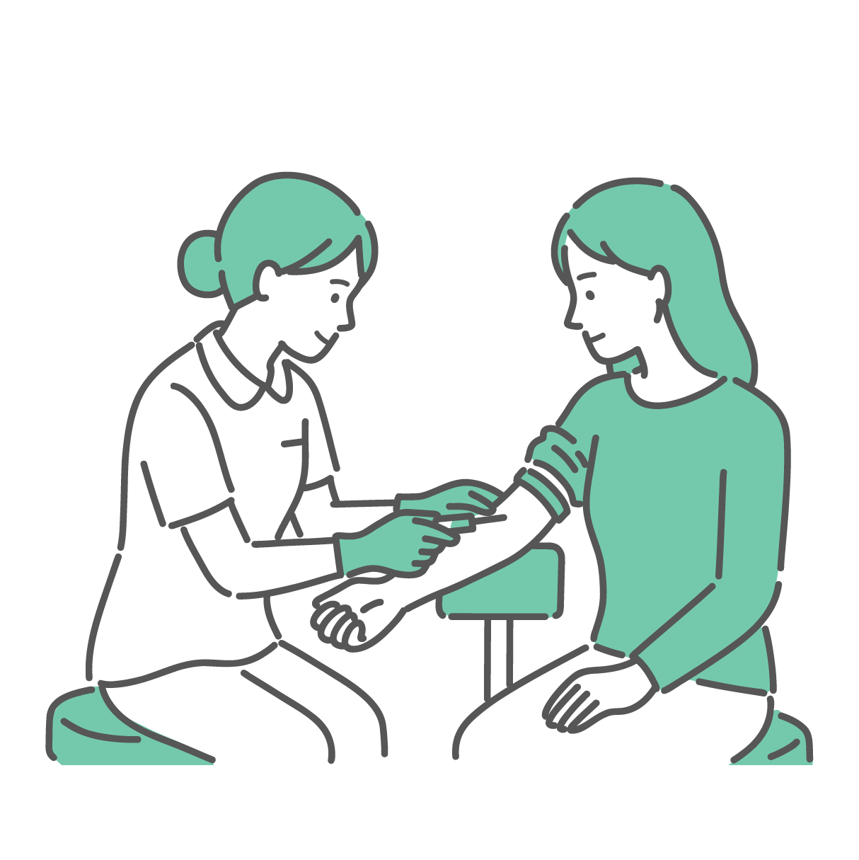 看護師が女性患者の腕から採血をしているイラスト（血液検査・検診）