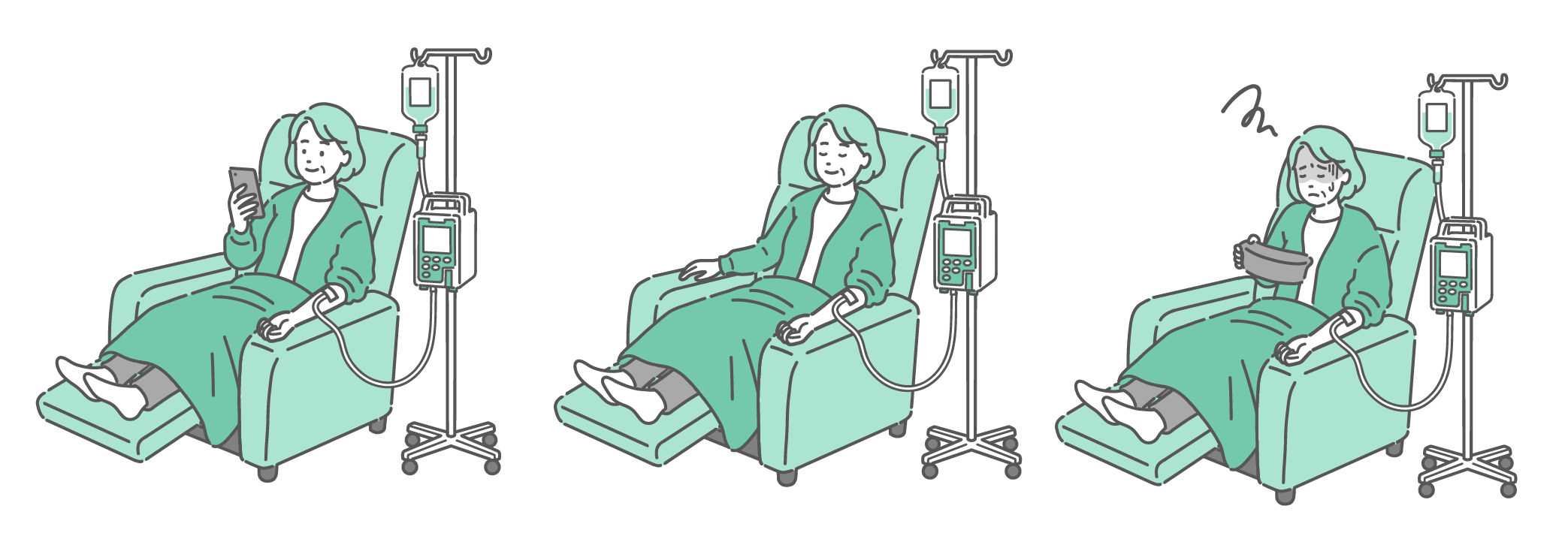 リクライニングチェアで点滴治療を受ける高齢女性（おばあちゃん）の3パターンのイラストセット。スマホを見る様子、眠って休む様子、ガーグルベースを持って吐き気に耐える様子。