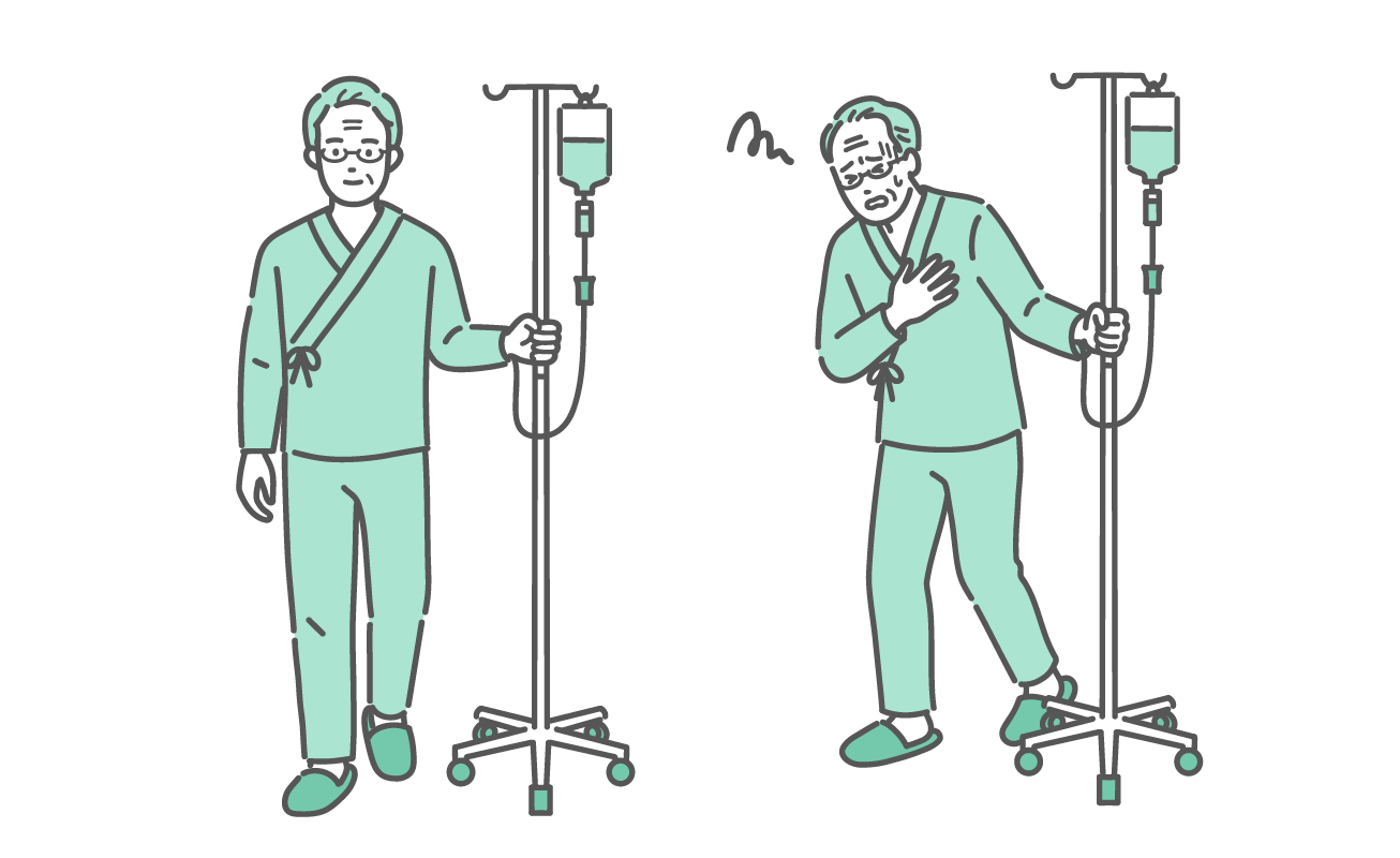 点滴スタンドを押して元気に歩く高齢男性と、胸を押さえて苦しむ高齢男性の比較イラストセット