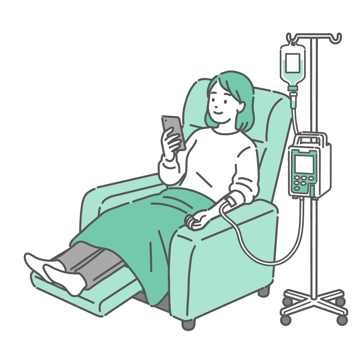 医療用リクライニングチェアに座り、輸液ポンプ付きの点滴を受けながらスマートフォンを操作する、私服姿の女性のイラスト