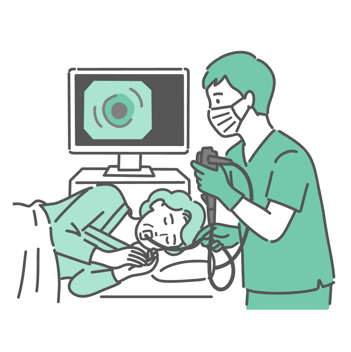 検査台で横になり、マウスピースをくわえて口から内視鏡（胃カメラ）を挿入されている高齢女性のイラスト。鎮静剤を使用し、目を閉じて眠っている（あるいはリラックスしている）様子。