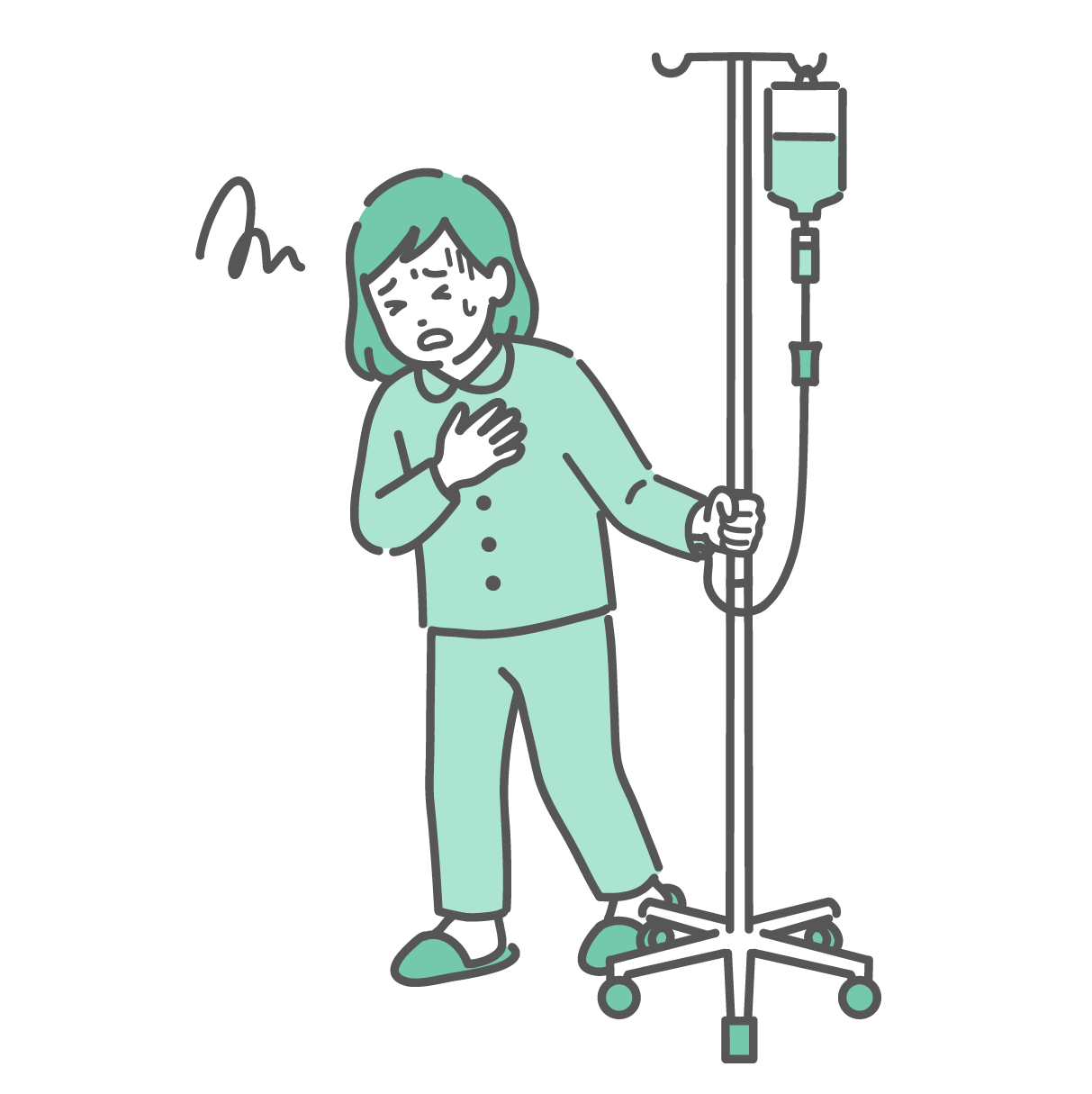 点滴スタンドに掴まりながら胸を押さえて苦しむ、入院パジャマを着た女の子のイラスト