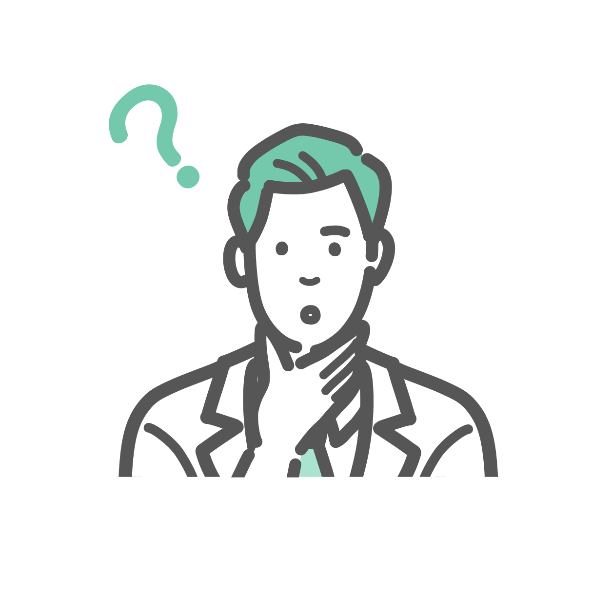 白衣とネクタイを着用した男性医師が、疑問符（？）とともに驚きや戸惑いの表情を浮かべているバストアップイラスト。