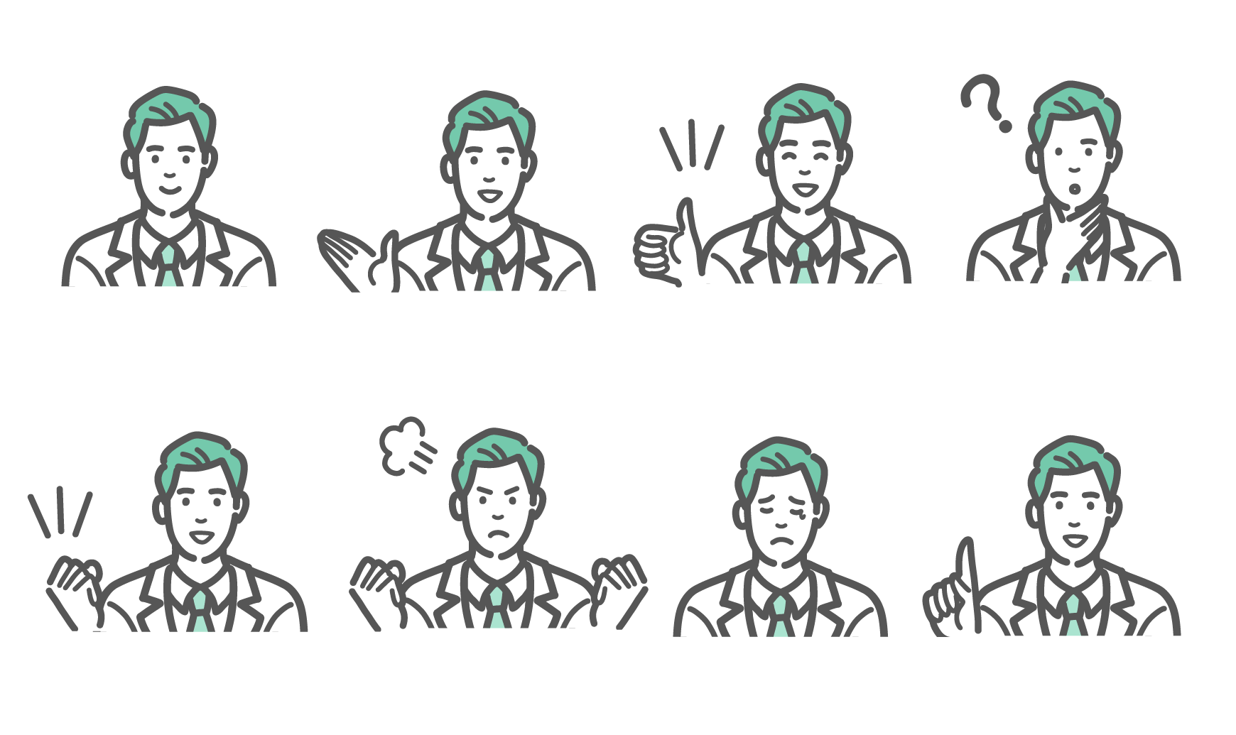 白衣を着た男性医師の8種類の表情とポーズのイラストセット。笑顔、同意（サムズアップ）、困惑（疑問符）、やる気（ガッツポーズ）、怒り、悲しみ、注意（指差し）のジェスチャーを含む
