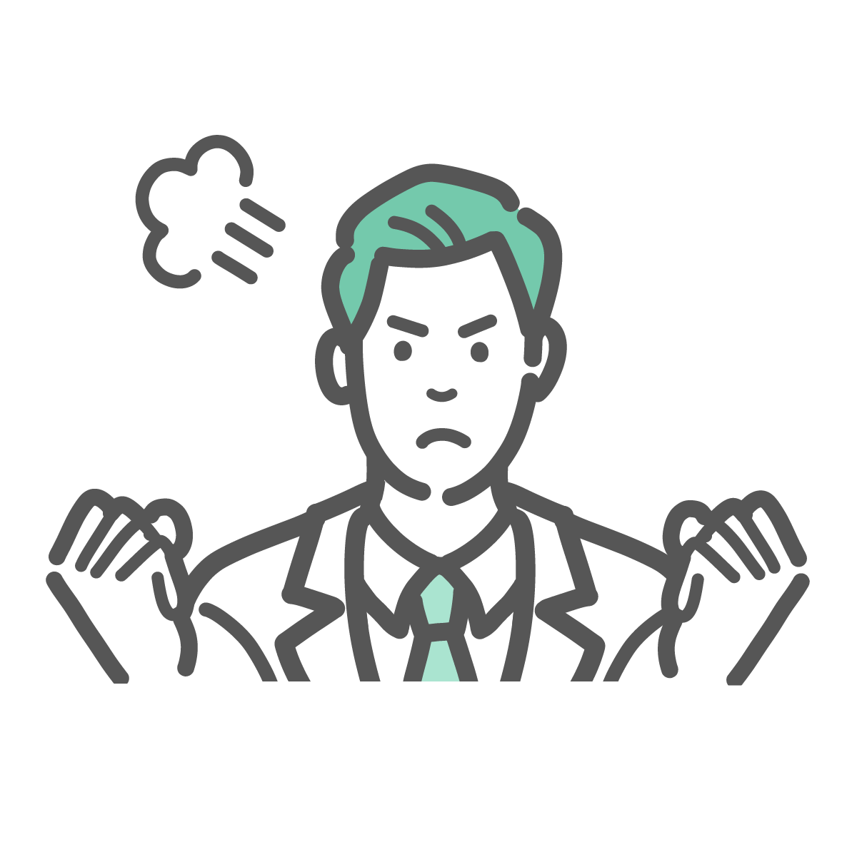 白衣とネクタイを着用した男性医師が、怒りマークを出し、両手を握りしめて憤慨・立腹している厳しい表情のバストアップイラスト。