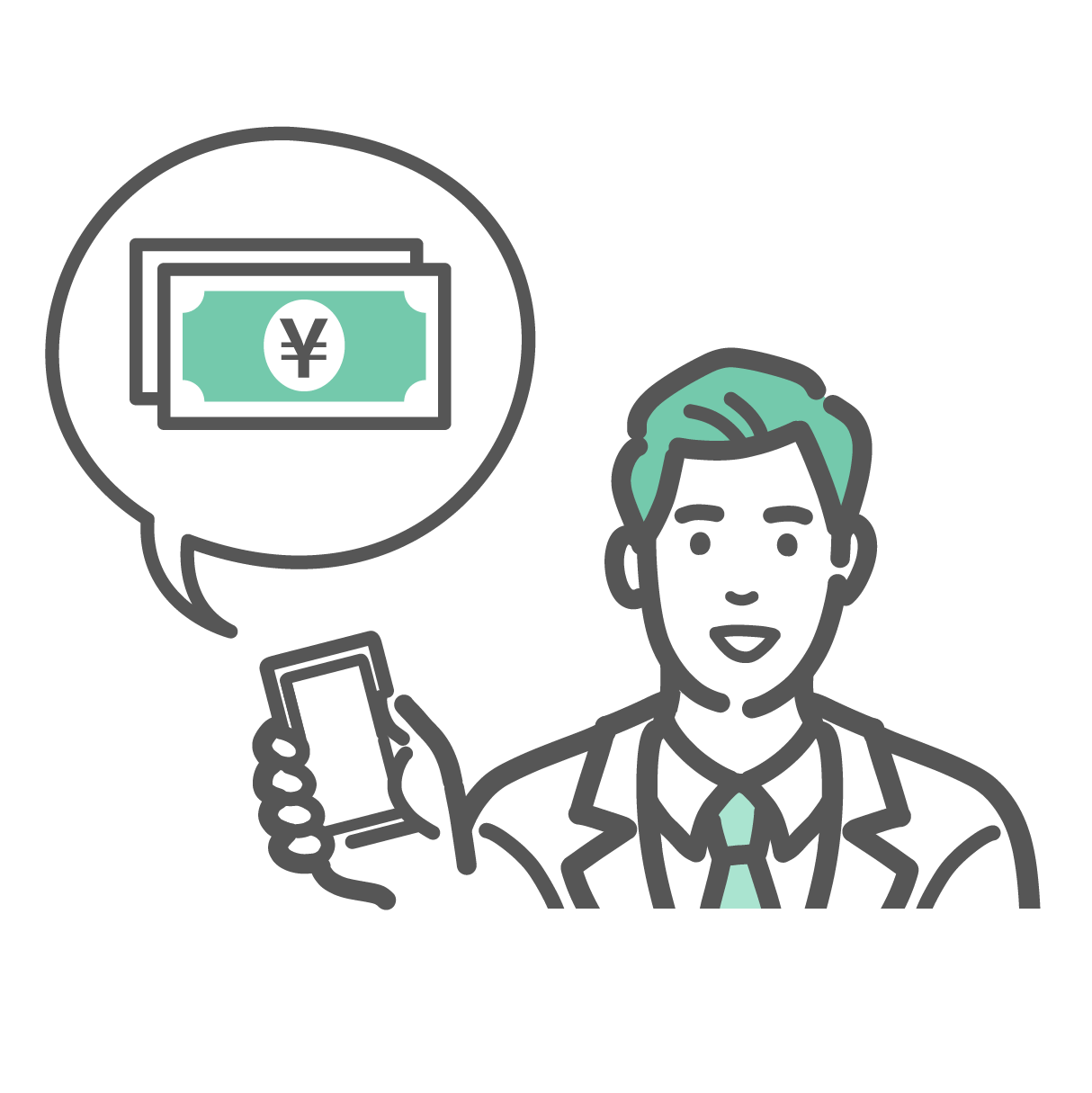 白衣とネクタイを着用した男性医師が、スマートフォンを持ち、吹き出しでお札（紙幣）のアイコンを表示し、医療費や支払いを案内しているバストアップイラスト。