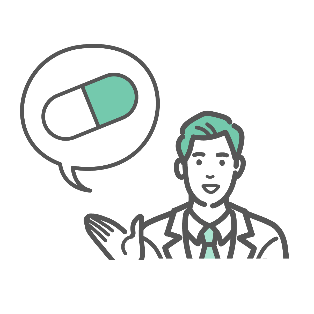 白衣とネクタイを着用した男性医師または薬剤師が、片手を広げてカプセル錠のアイコンの吹き出しを示し、薬の服用指導を案内しているバストアップイラスト。