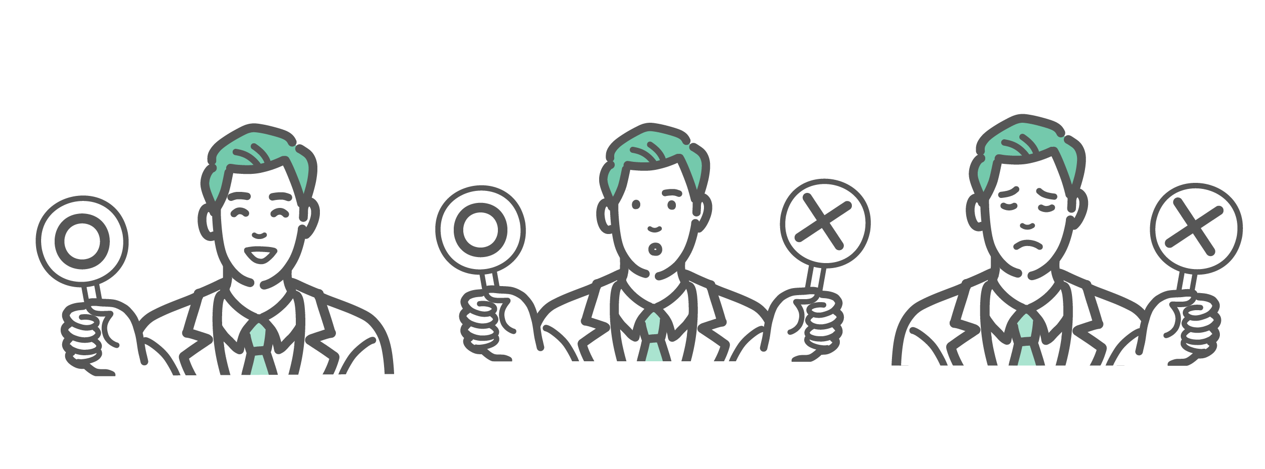 白衣の男性医師がマル（OK）とバツ（NG）の札を持ち、喜びの表情、驚きの表情、悲しみの表情で判断を示しているイラストセット。
