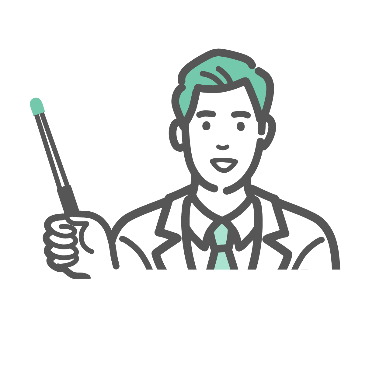 白衣とネクタイを着用した男性医師が、指し棒を持ち、笑顔で何かを解説・指導しているバストアップイラスト。教育やプレゼンテーションの場面。