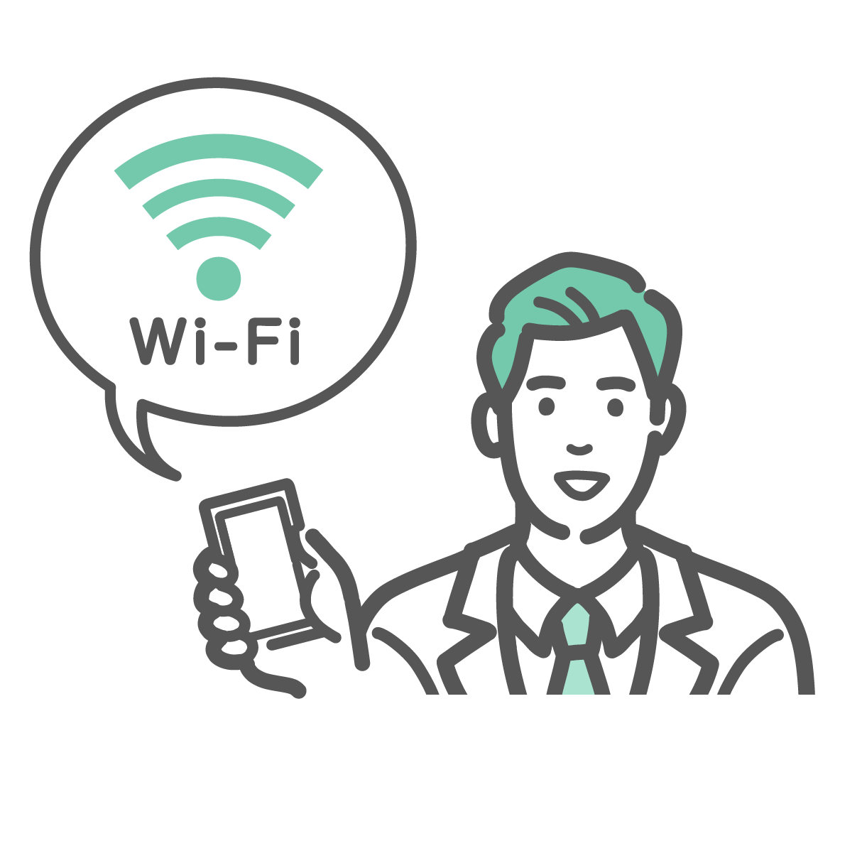 白衣とネクタイを着用した男性医師が、スマートフォンを持ち、吹き出しでWi-Fi（無線LAN）アイコンを表示し、インターネット接続の利用を案内しているバストアップイラスト。