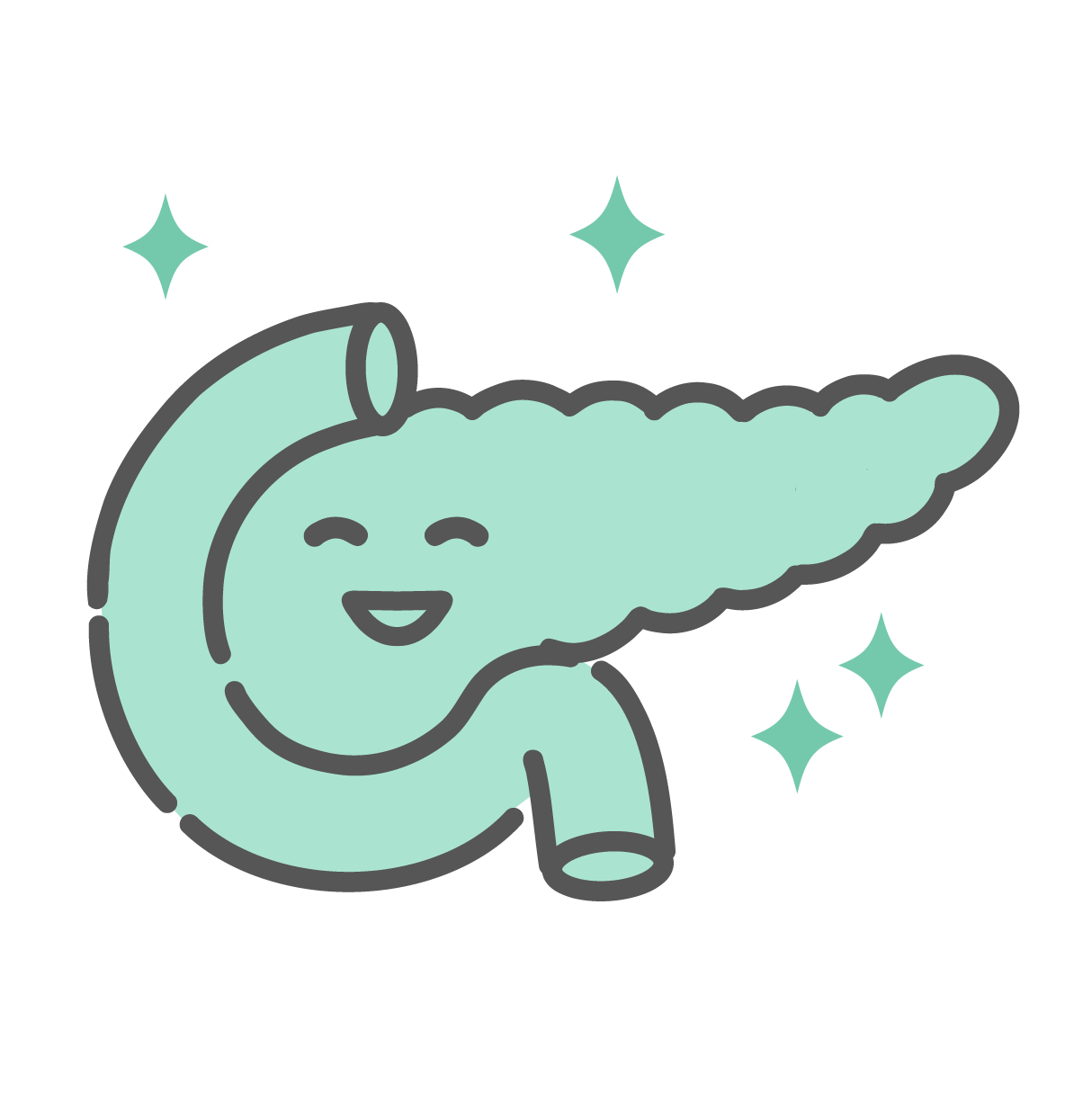 笑顔で元気な健康な膵臓のキャラクターイラスト（インスリン・消化酵素）