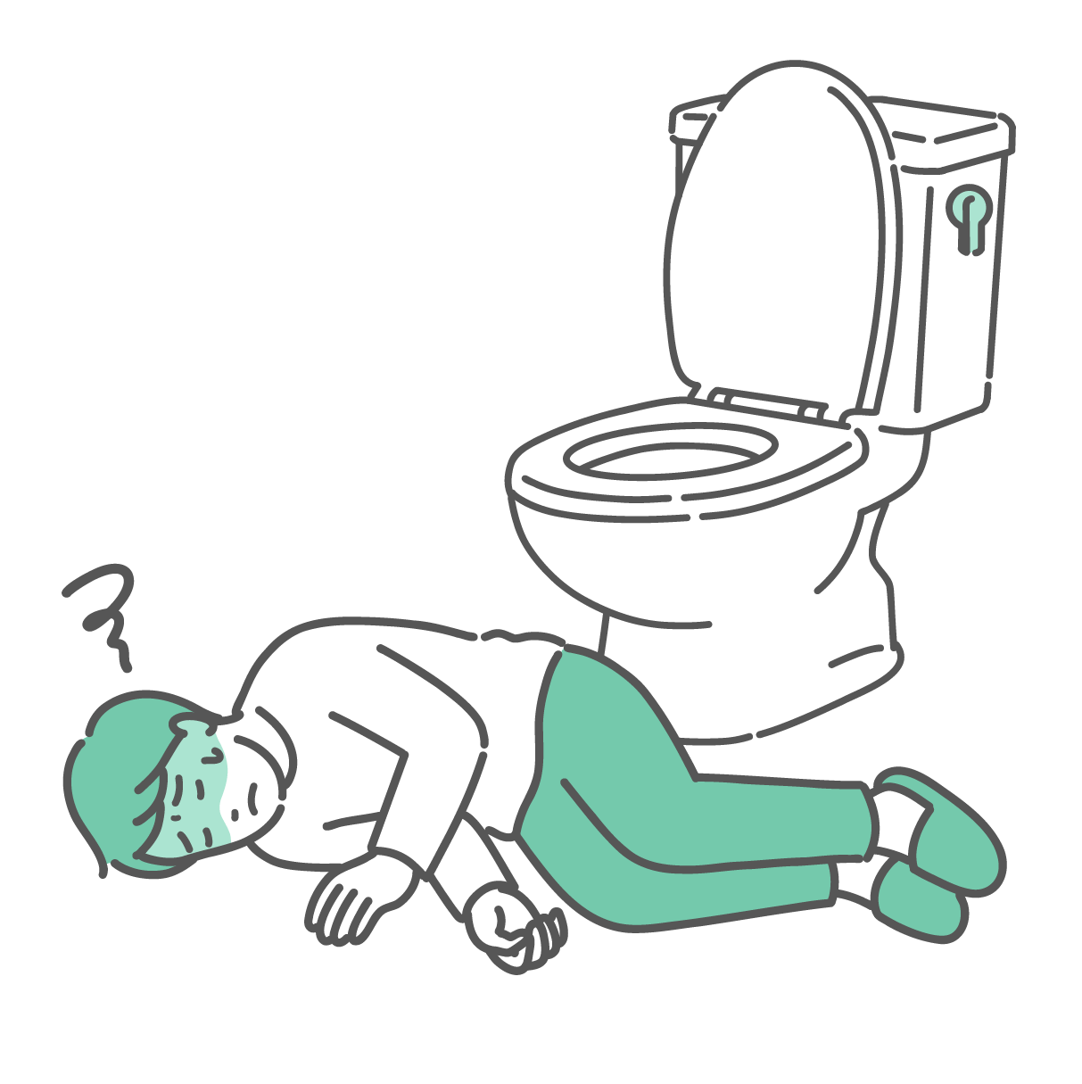洋式トイレの前の床に横たわり、意識を失って倒れている男性のイラスト。顔色が悪く緊急性の高い状態。
