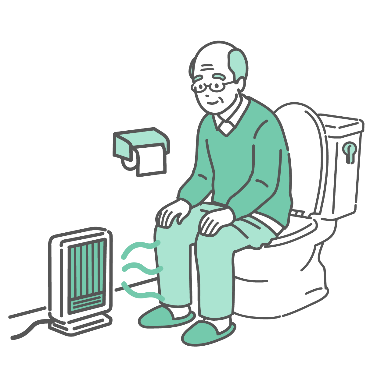 洋式トイレに座り、足元に置いた電気ヒーターで暖まっている笑顔の高齢男性（おじいさん）。眼鏡をかけている。冬の寒さ対策、ヒートショック予防のシーン。