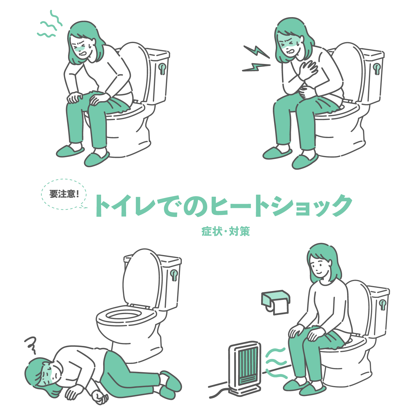 トイレでのヒートショックに関する4つの場面を描いたイラストセット（女性版）。左上：便座に座り、強くいきんで苦しそうな表情の女性。右上：胸を押さえて苦しむ女性（心筋梗塞などの発作）。左下：意識を失って床に倒れている女性。右下：足元ヒーターで暖まり安全に過ごす女性。中央に「トイレでのヒートショック 症状・対策」の文字。