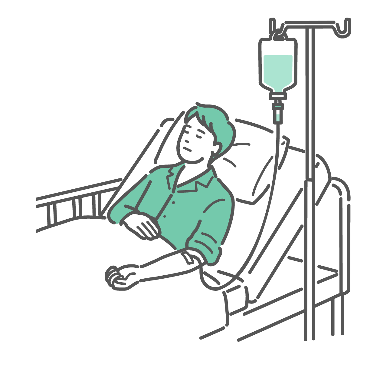 病院のベッドで点滴を受けながら眠っている男性患者のイラスト