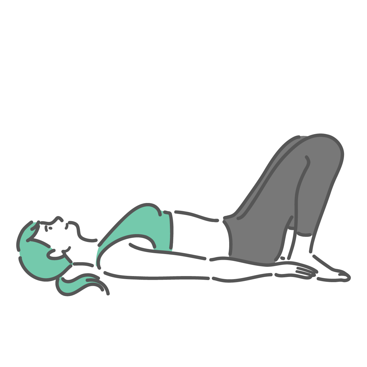 仰向けになり膝を立て、腕を体の横に置いた女性の全身イラスト。ヒップリフト（グルートブリッジ）の開始姿勢。