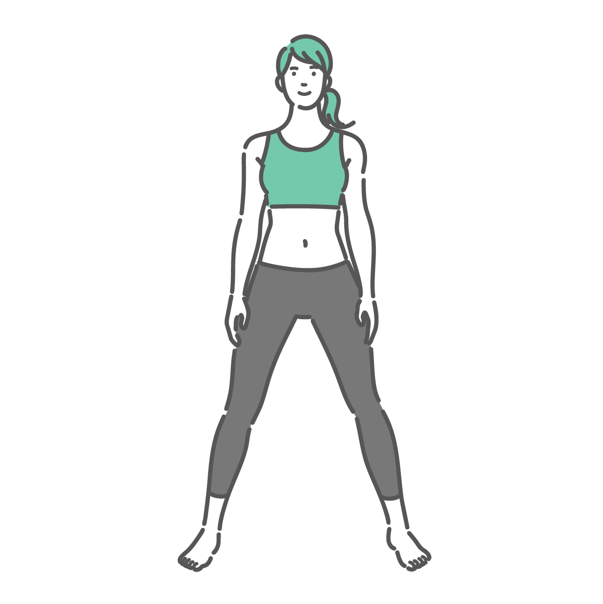 ワイドスタンスで直立している運動着姿の女性の全身イラスト。