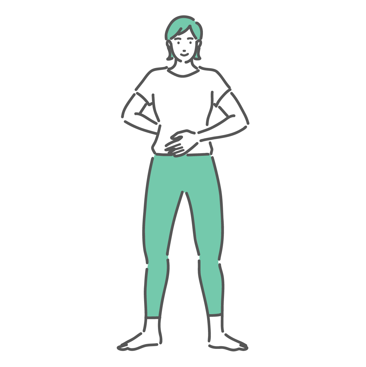 腰割り体操を始める前の基本の立ち姿勢をとる女性のイラスト。足を広げ、腰に手を当てている。