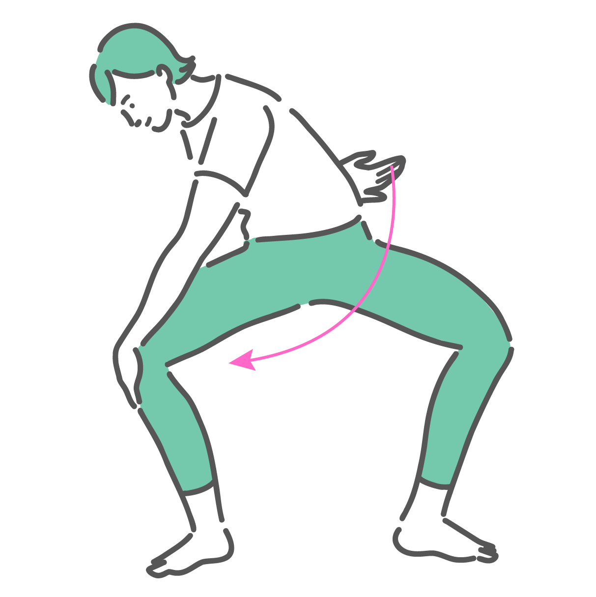 腰割り体操の姿勢から手を膝に当てて腰と背中を伸ばすストレッチをしている女性のイラスト。