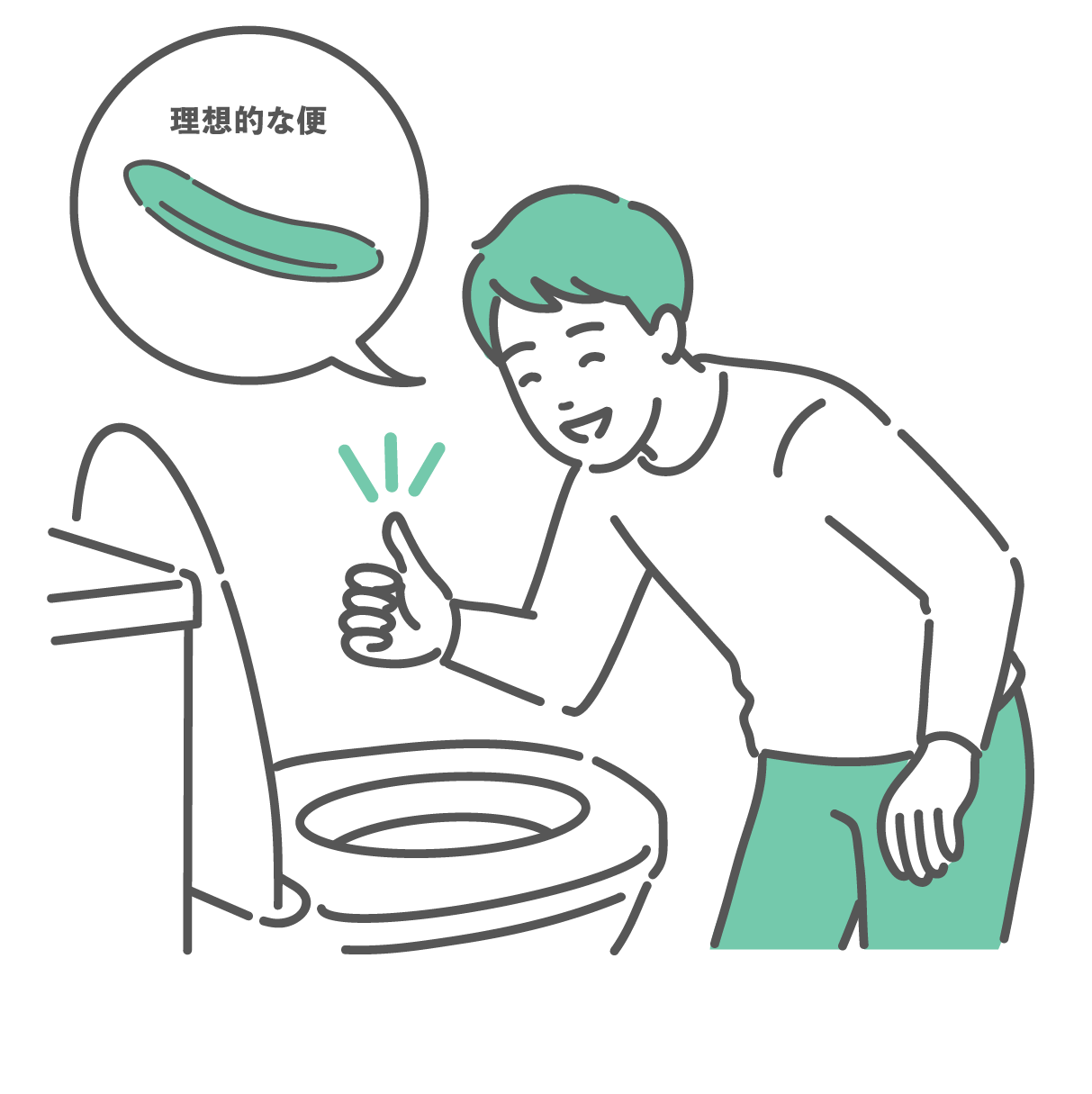 洋式トイレの便器の中を覗き込み、笑顔でサムズアップ（OKサイン）をしている男性のイラスト。頭上に「理想的な便」という文字と、ブリストルスケールType 4（滑らかなバナナ状の便）を描いた吹き出しがあり、腸内環境が良いことを確認している様子。