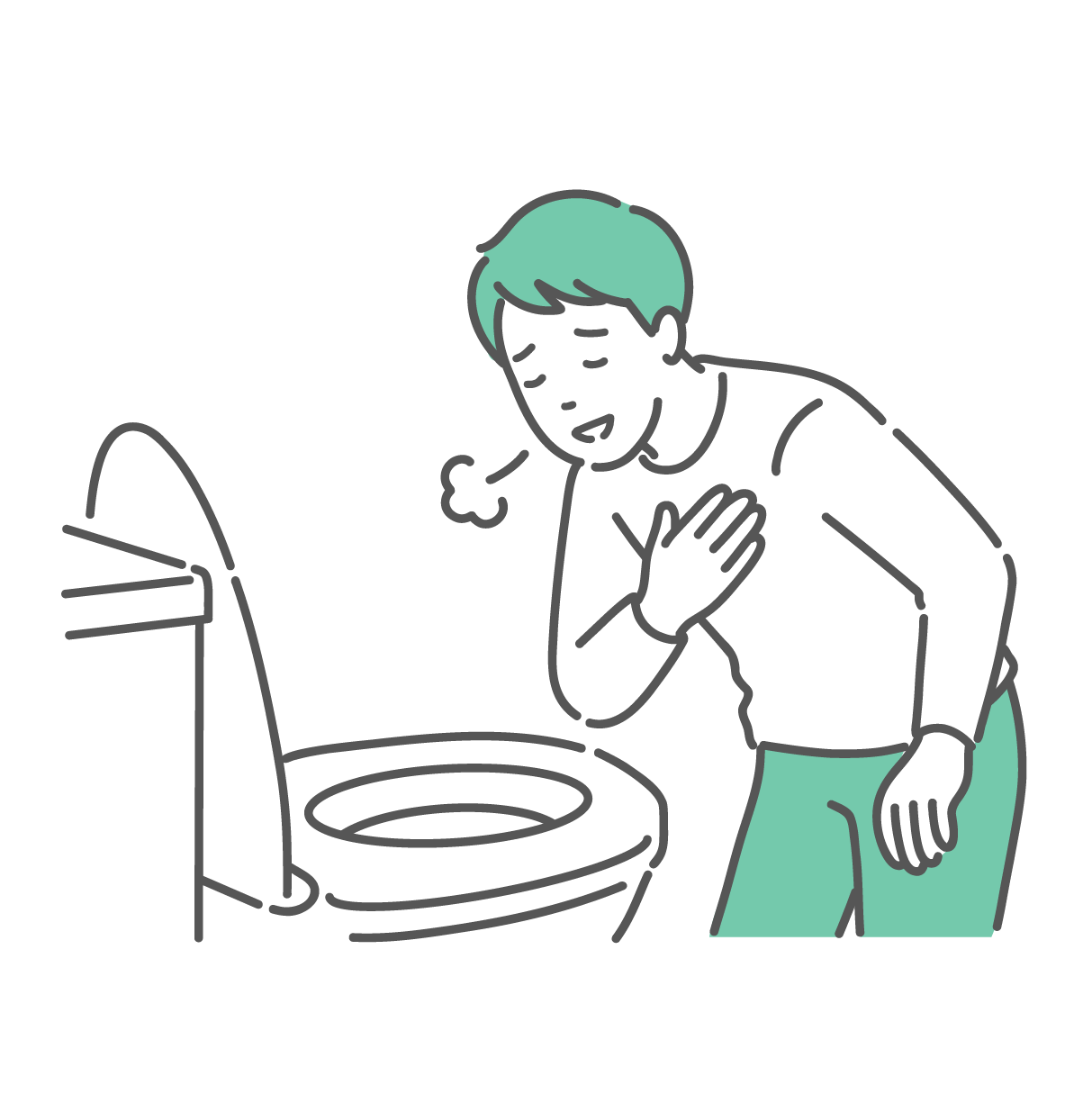 洋式トイレの便器の中を覗き込み、胸に手を当てて「ほっ」と安堵のため息をついている若い男性のイラスト。便に血が混じっていないこと（異常なし）を確認した、あるいは便秘が解消されてスッキリした様子。