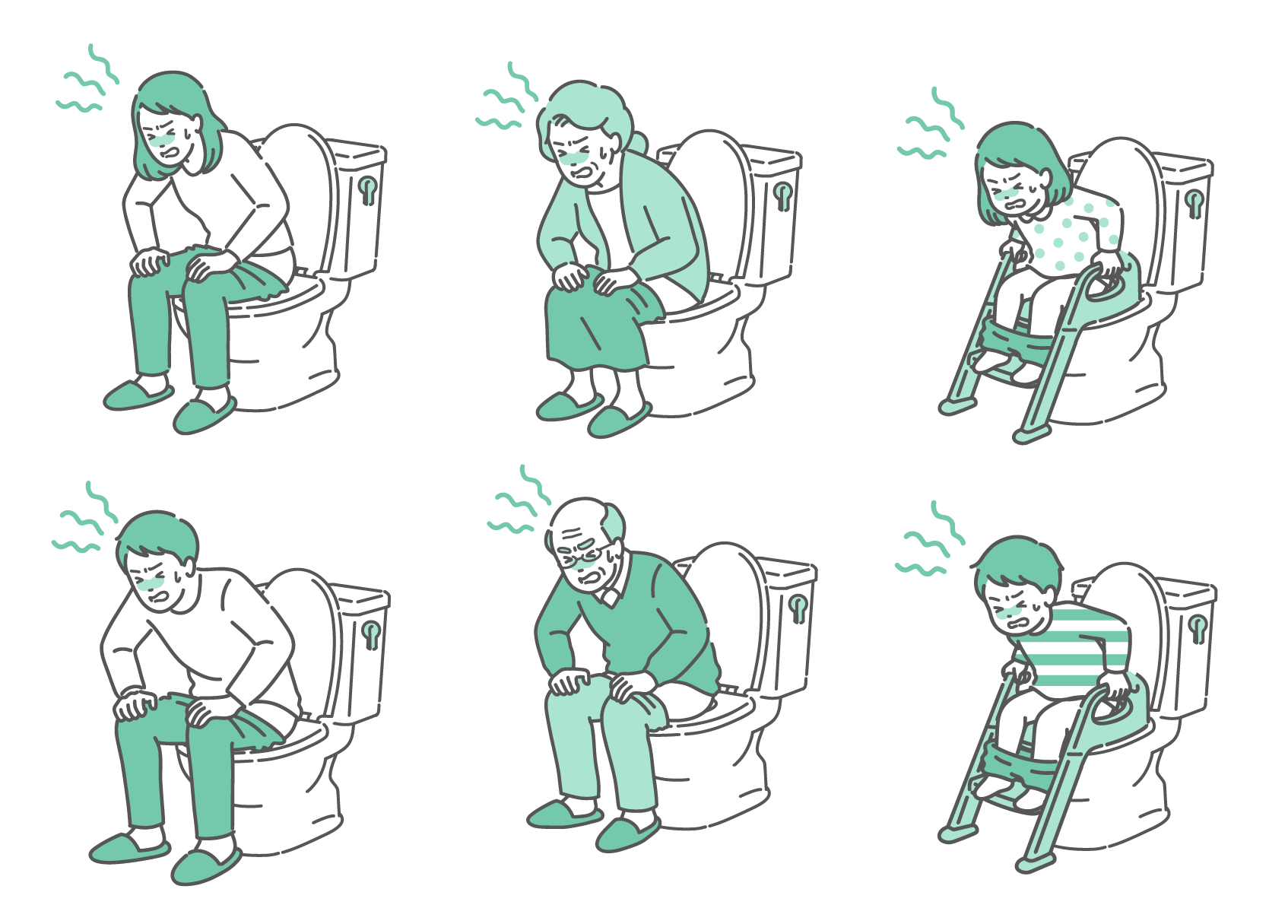 トイレに座って苦しんでいる人々のイラスト6点セット。上段左から「お腹を押さえる若い女性」「いきむ高齢女性」「泣きそうな女の子」、下段左から「脂汗をかく若い男性」「歯を食いしばる高齢男性」「お腹が痛い男の子」。全員が便秘や下痢、激しい腹痛などの症状で辛そうな表情をしており、周囲に不調を示す波線が描かれている全世代対応のトラブルイメージ図。