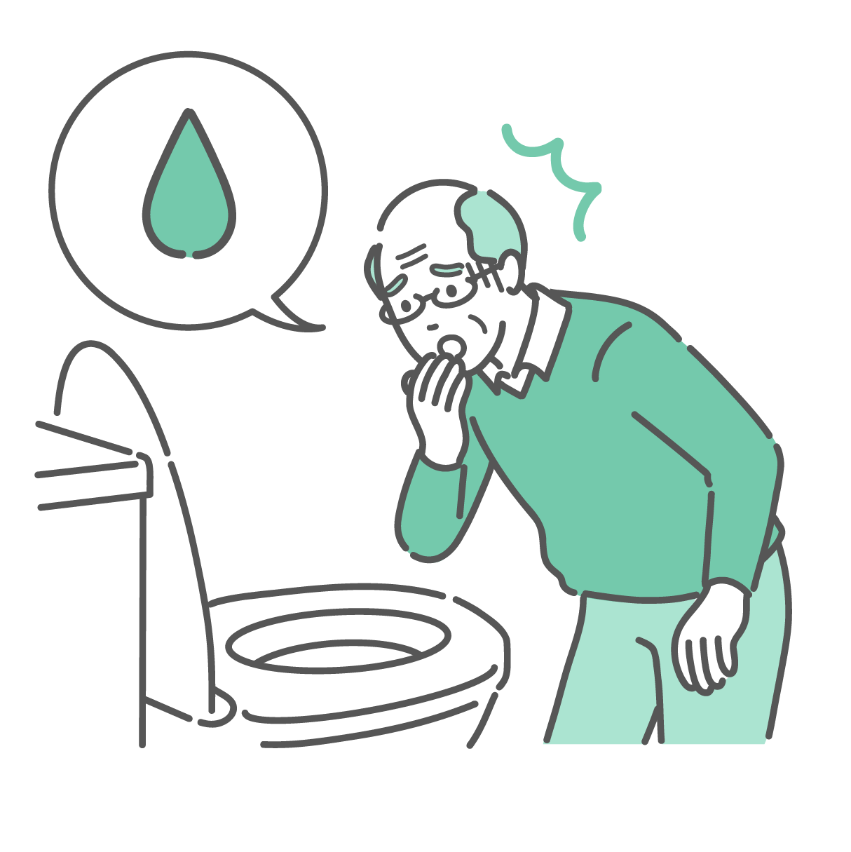 洋式トイレの便器の中を覗き込み、顔を青ざめて冷や汗をかき、驚愕している眼鏡をかけた高齢男性（おじいちゃん）のイラスト。頭上に「血の雫（赤い滴）」のイラストが入った吹き出しがあり、便器内に血便や下血、あるいは血尿などの出血を確認してショックを受けている様子。