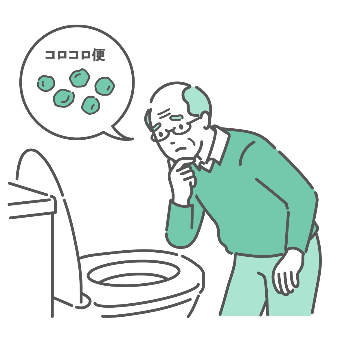 洋式トイレの便器の中を覗き込み、困った表情で顎に手を当てて考え込んでいる眼鏡をかけた高齢男性（おじいちゃん）のイラスト。頭上に「コロコロ便」という文字と、ブリストルスケールType 1（硬くてコロコロした兎糞状の便）を描いた吹き出しがあり、ひどい便秘や排便困難に悩んでいる様子。