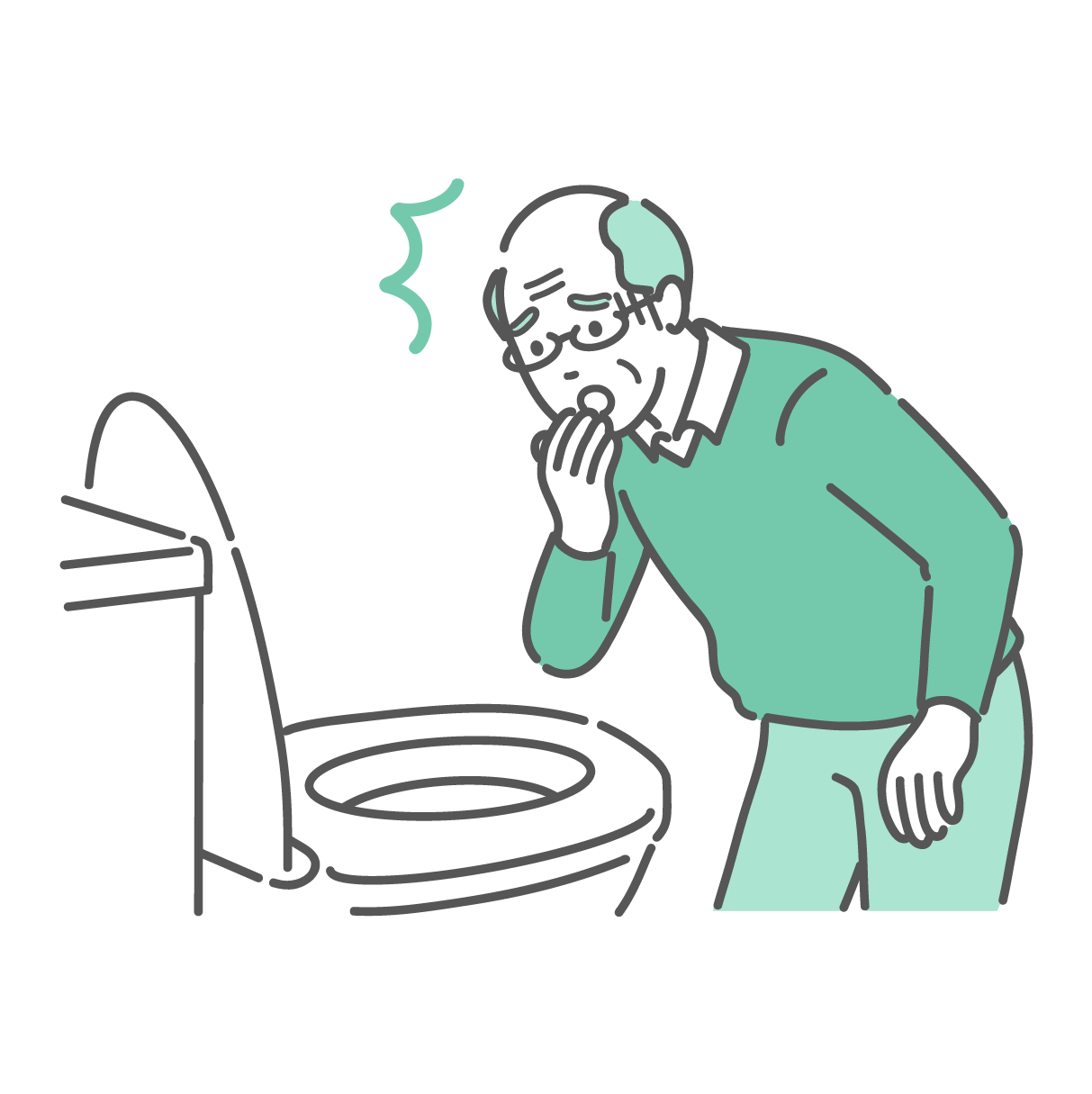 洋式トイレの便器の中を覗き込み、顔を青ざめて手で口を覆い、目を見開いて驚愕している眼鏡をかけた高齢男性（おじいちゃん）のイラスト。便に血が混じっている（血便）や、真っ黒な便（タール便）などの深刻な異常を発見してショックを受けている様子。
