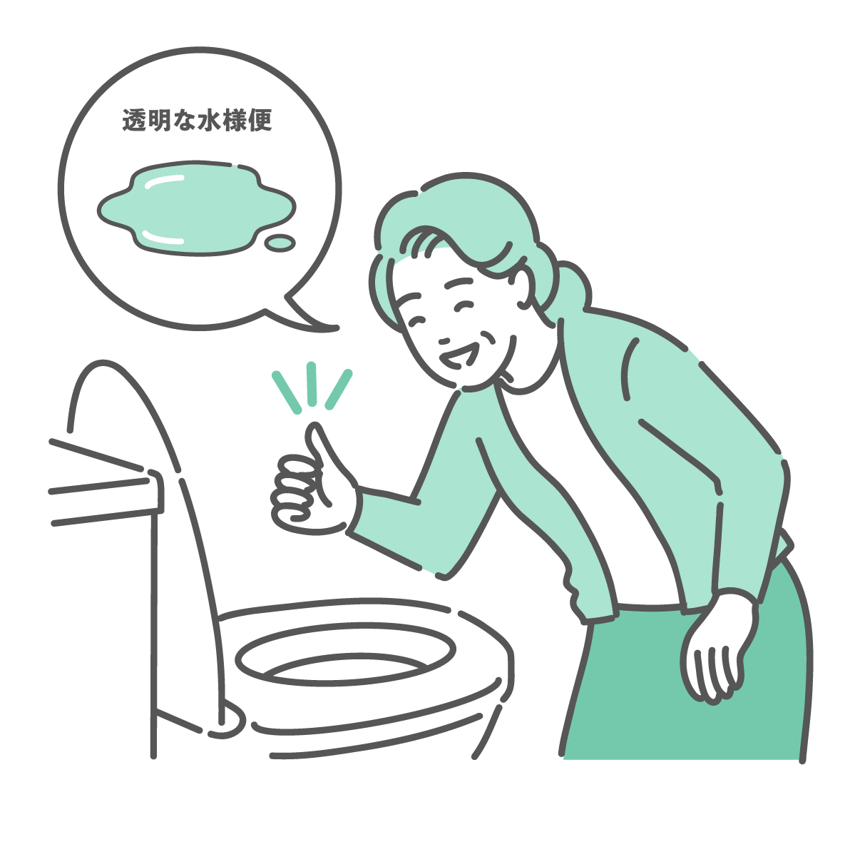 洋式トイレの便器の中を覗き込み、笑顔でサムズアップ（OKサイン）をしている白髪の高齢女性（おばあちゃん）のイラスト。頭上に「透明な水様便」という文字と、カスがなく透明になった排泄液のイラストを描いた吹き出しがあり、大腸カメラ検査の前処置（洗腸）が完了したことを確認している様子。