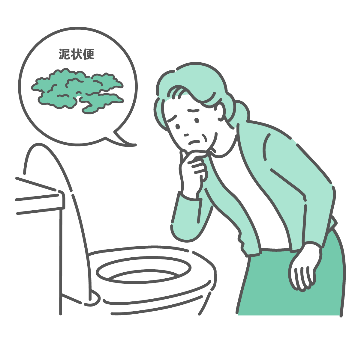 洋式トイレの便器の中を覗き込み、困った表情で顎に手を当てて考え込んでいる白髪の高齢女性（おばあちゃん）のイラスト。頭上に「泥状便」という文字と、ブリストルスケールType 6（不定形の泥のような便）を描いた吹き出しがあり、大腸カメラ検査の前処置がまだ完了していない（NG）、または下痢に悩んでいる様子。