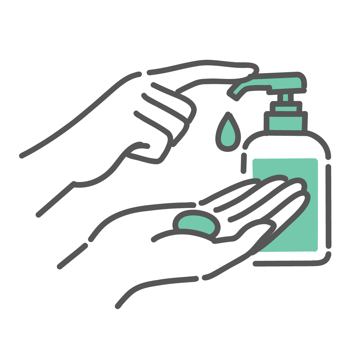 ポンプ式のディスペンサーを押し、石鹸またはハンドソープを手のひらに取っている手洗いの動作イラスト。