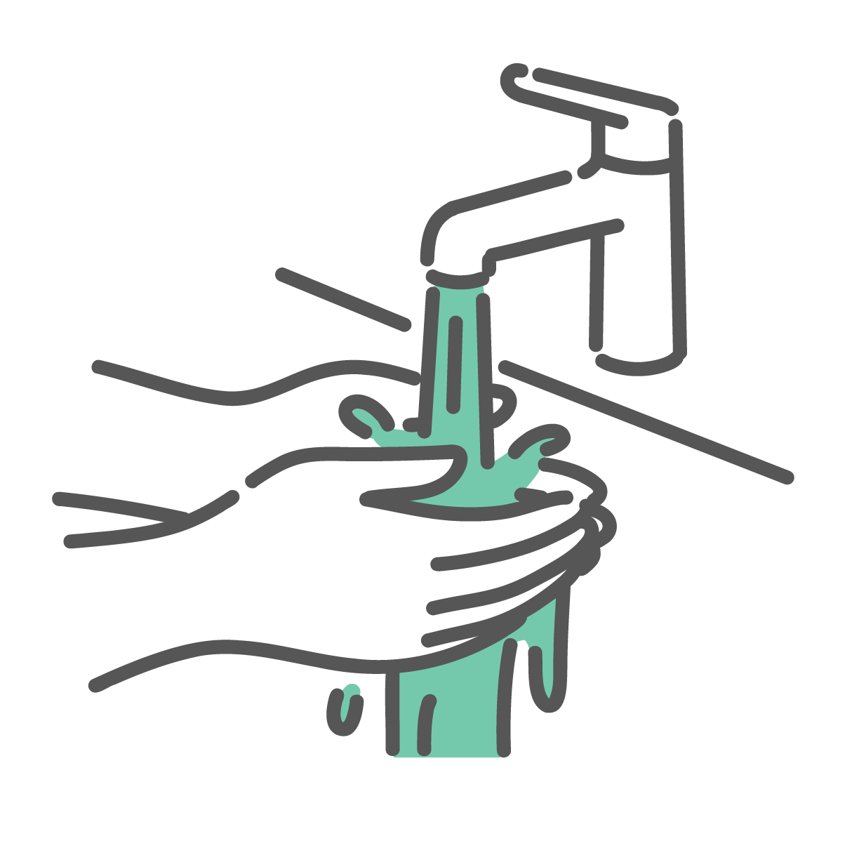 蛇口から流れる水の下で、泡を洗い流し、手をすすいでいる手洗いの動作イラスト。