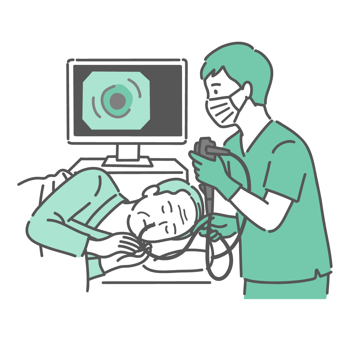 検査台で横になり、鼻から内視鏡（胃カメラ）を挿入されている高齢男性患者のイラスト。苦痛な表情はなく、目を閉じてリラックスし、スムーズに検査を受けています。