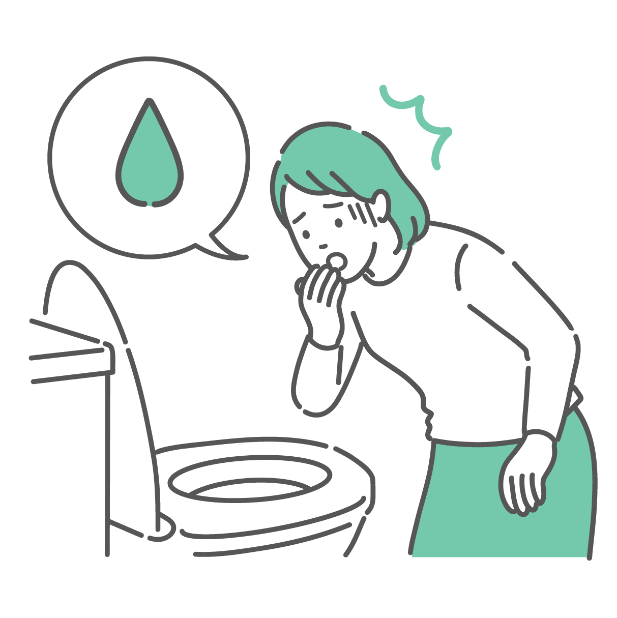 洋式トイレの便器の中を覗き込み、顔を青ざめて冷や汗をかき、驚愕している若い女性のイラスト。頭上に「血の雫（滴）」のイラストが入った吹き出しがあり、便器内に血便、不正出血、あるいは血尿などの異常な出血を確認してショックを受けている様子。