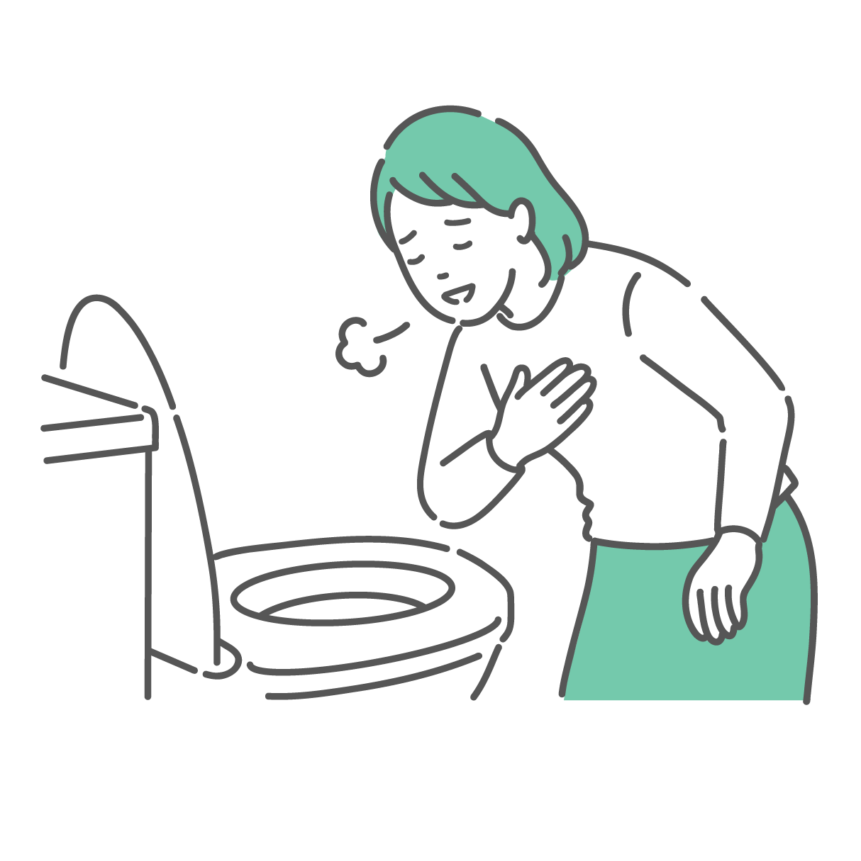 洋式トイレの便器の中を覗き込み、胸に手を当てて「ほっ」と安堵のため息をついている若い女性のイラスト。便に血が混じっていないこと（異常なし）を確認した、便秘が解消された、あるいは生理が来て（または出血がなくて）安心している様子。