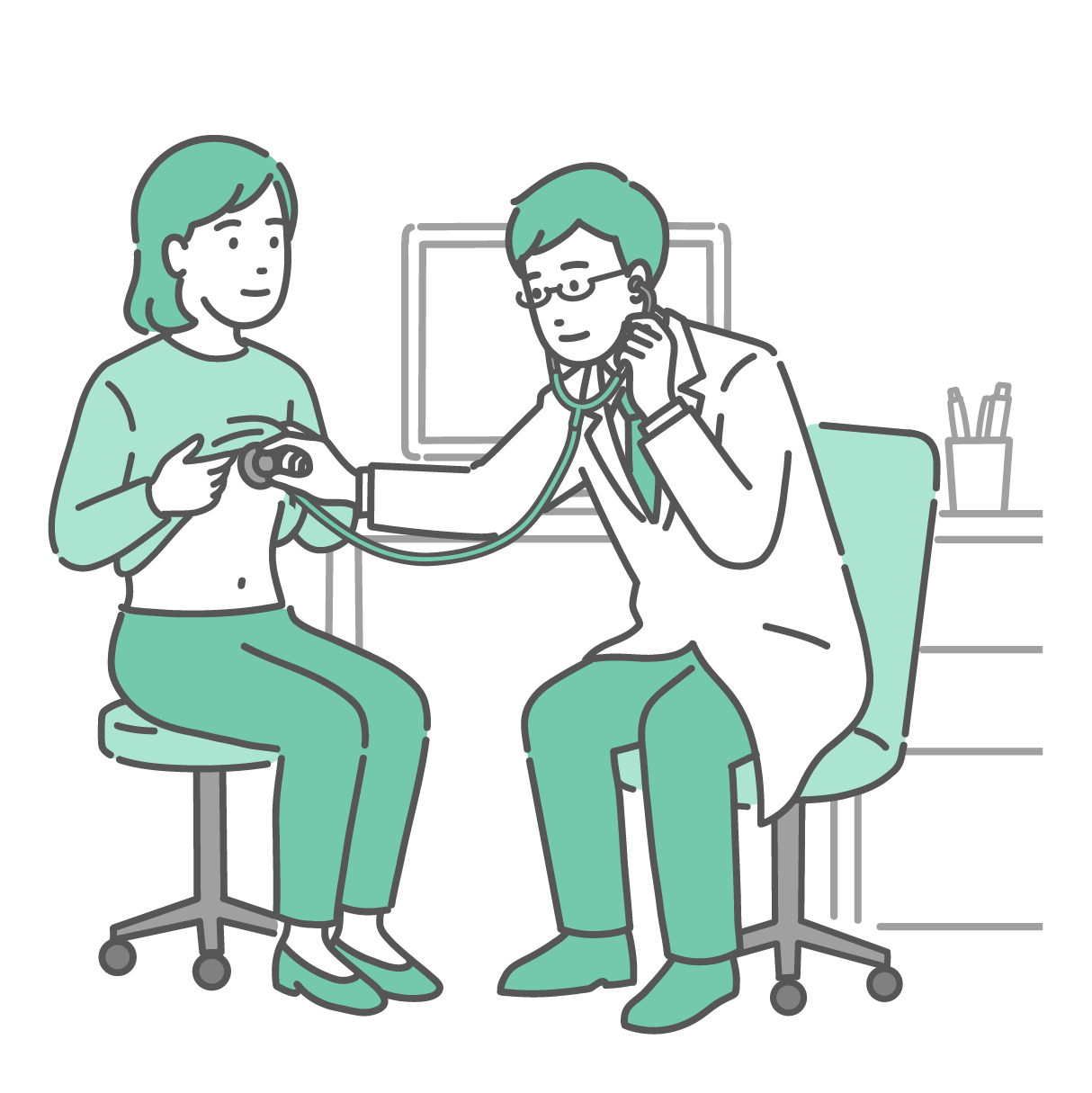 診察室で白衣を着たメガネ姿の男性医師が、聴診器を使い、服の裾を少し持ち上げた女性患者の胸の音を聞いている様子。