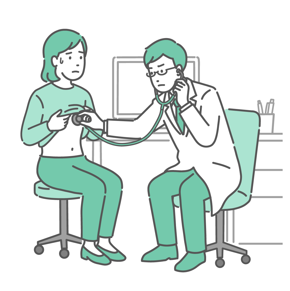 診察室で白衣を着た男性医師が、険しい表情で聴診器を使い、冷や汗を流して不安そうな表情の女性患者の胸の音を聞いているイラスト。