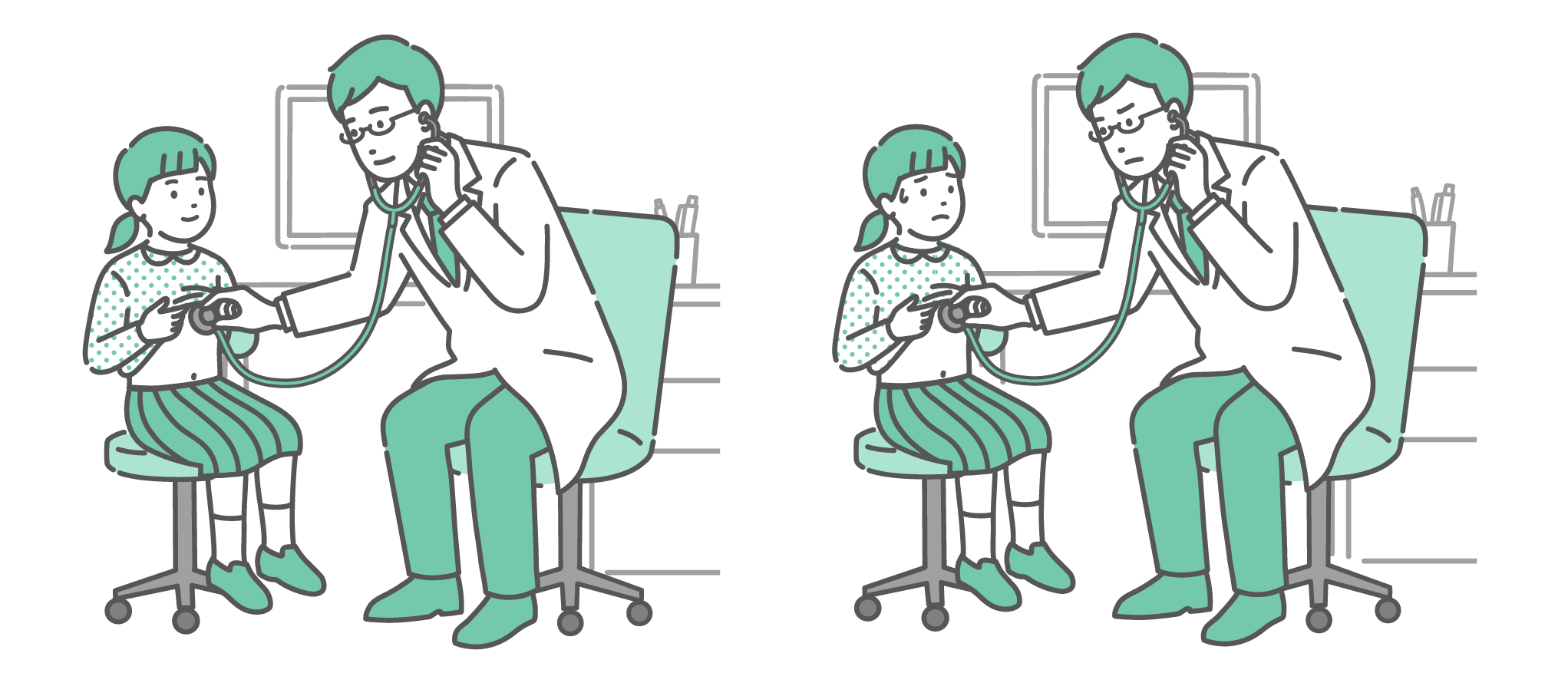 2つの診察シーンが並んだイラスト。左側は白衣の男性医師が落ち着いた女の子を聴診している様子。右側は同じ医師が、冷や汗をかいて苦しそうな女の子を深刻な表情で聴診している様子。健康時と異常時の比較。