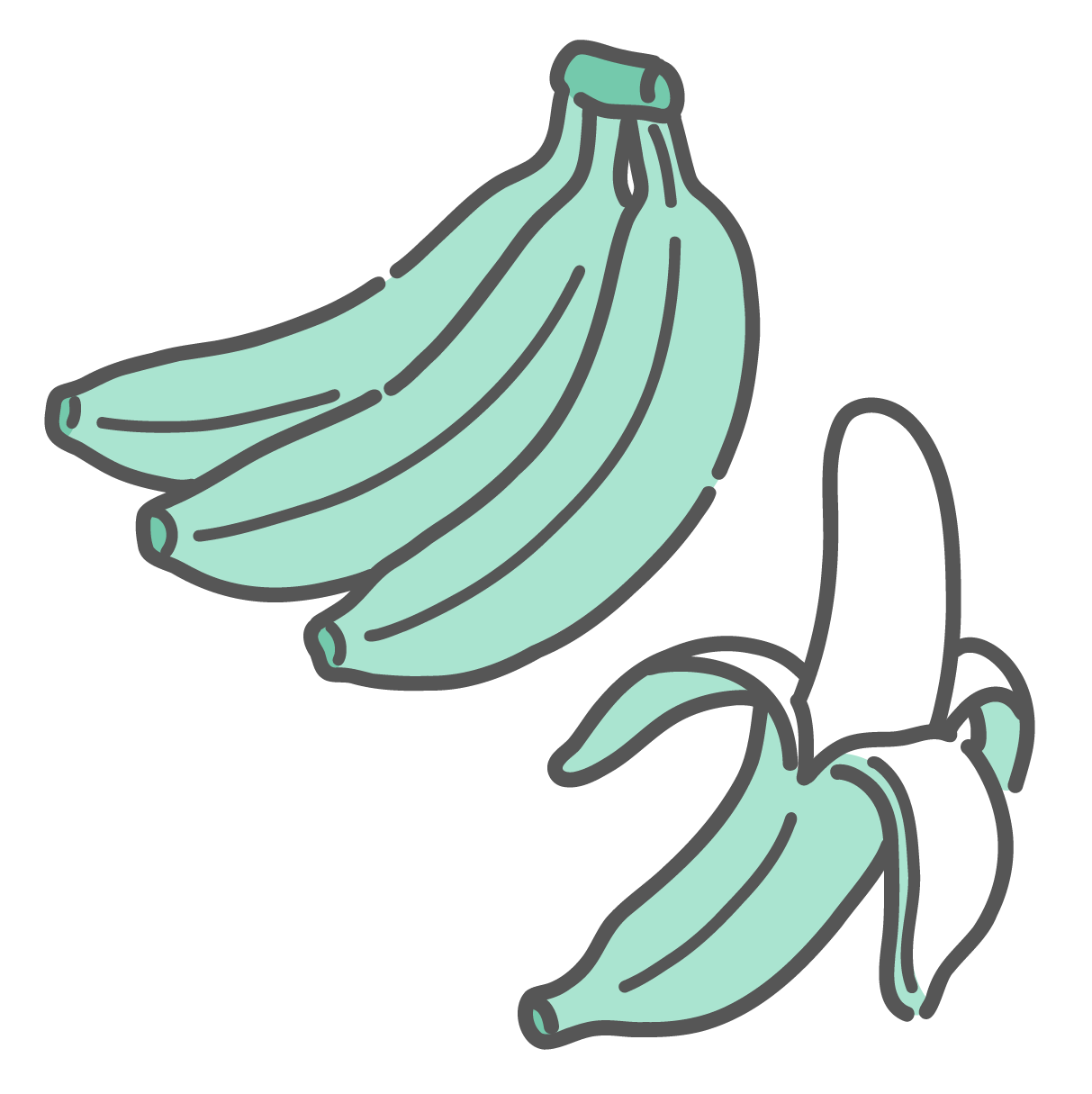 3本つながったバナナの房と、その右下に描かれた皮をむいたバナナのイラストセット。買い物や保存の状態と、食べる直前の状態を一枚にまとめた果物のアイコン。