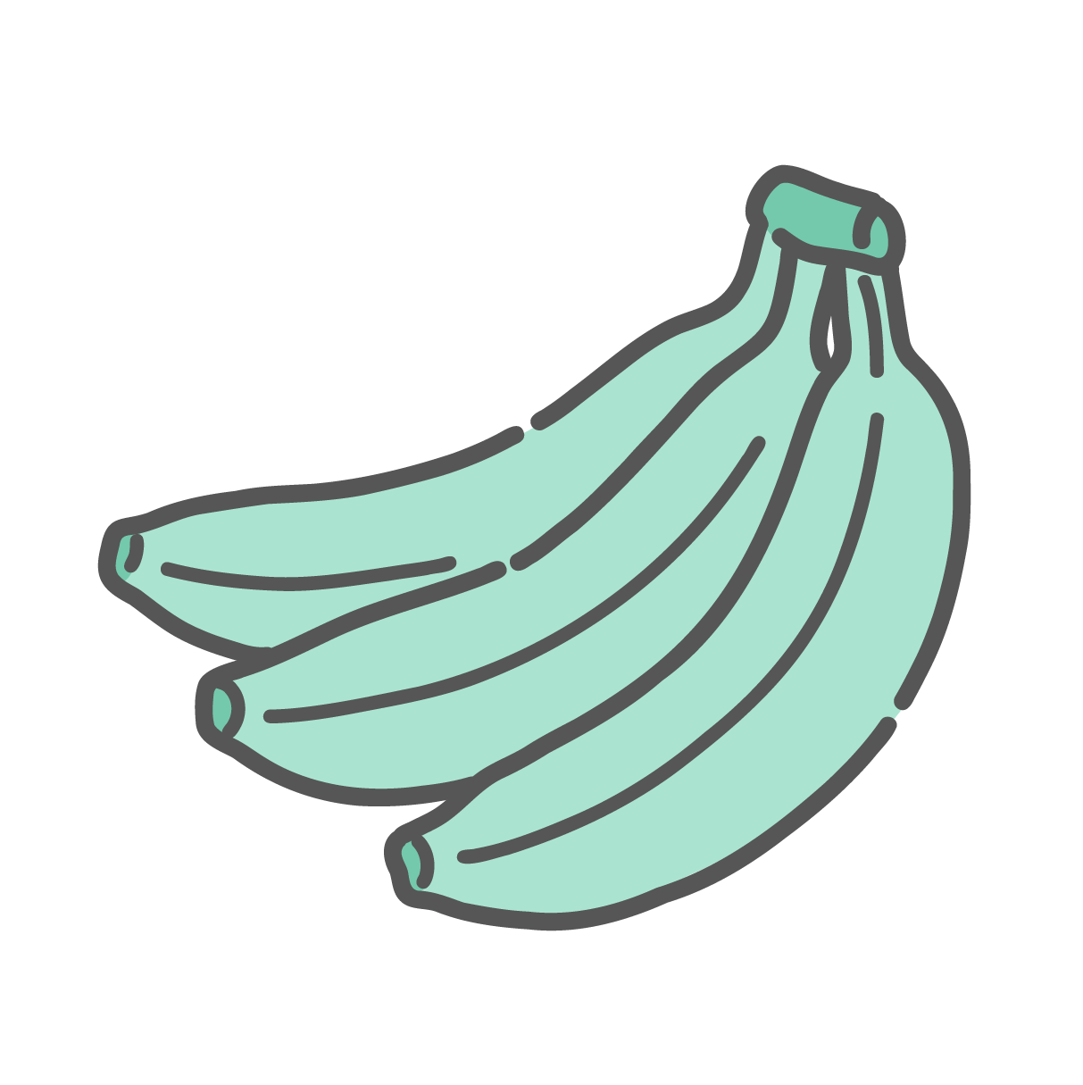 3本つながったバナナの房のシンプルな線画イラスト。皮をむくだけで食べられ、炭水化物やカリウムが豊富な果物のアイコンとして描かれている。