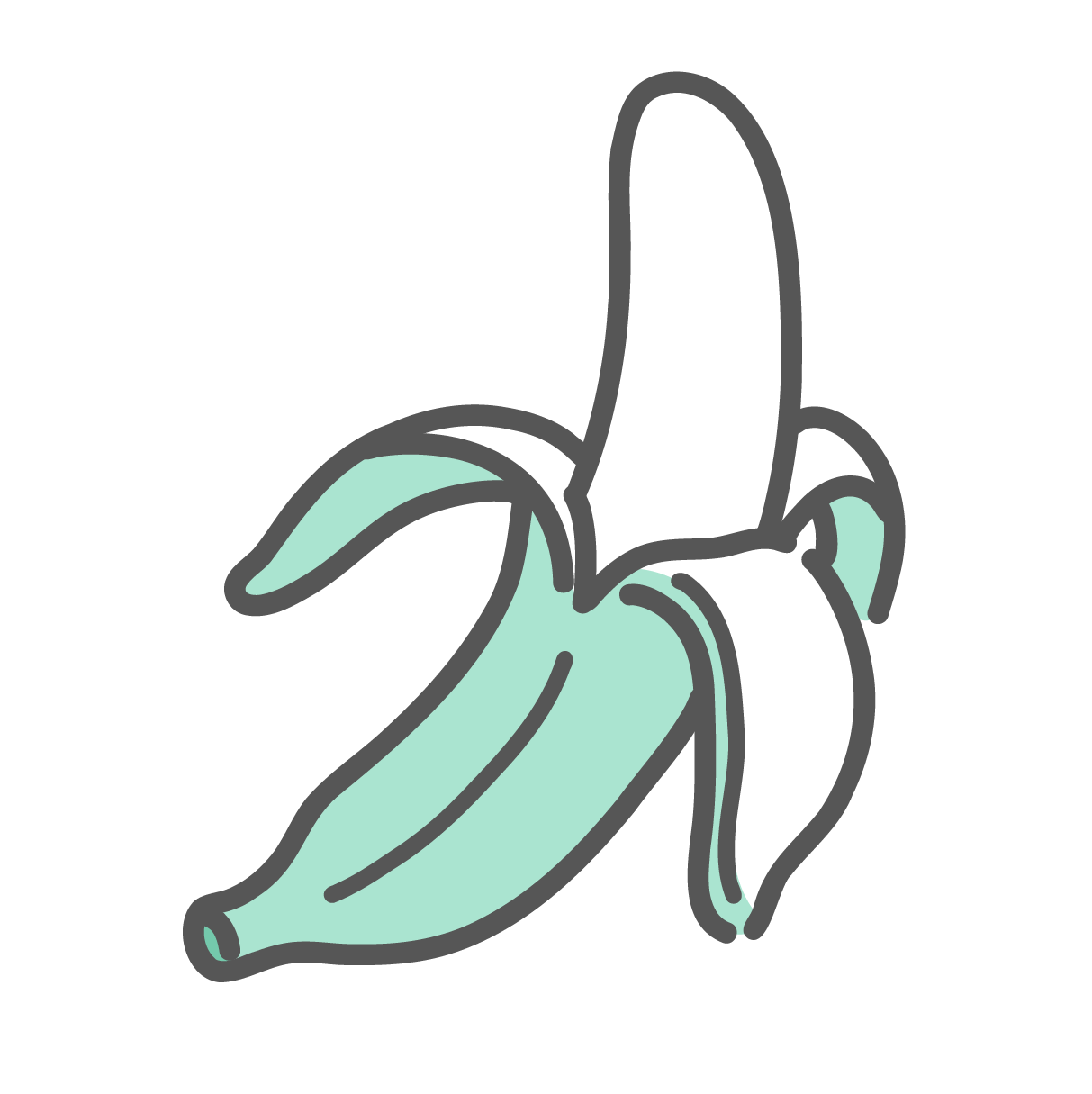 皮が半分ほどむかれて白い中身が見えている、一本のバナナのシンプルな線画イラスト。すぐに食べられる状態を描いており、手軽な間食や素早いエネルギー補給のアイコンとして表現されている。