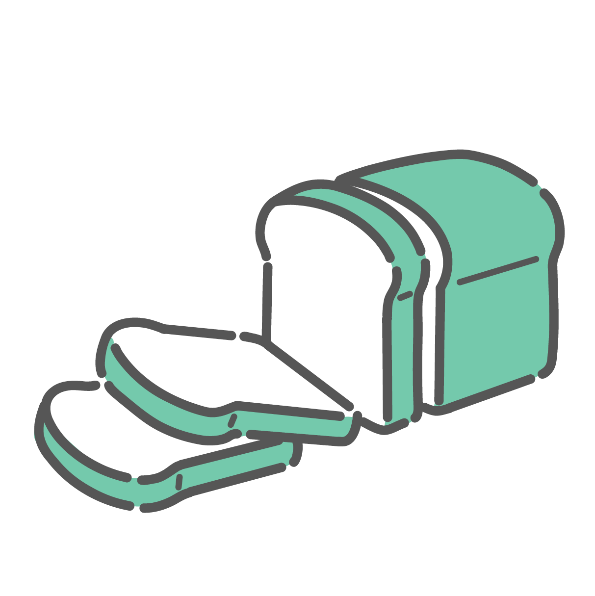 一斤の食パンと、そこからカットされた2枚のスライスのシンプルな線画イラスト。ふんわりとした形状で、洋食の主食や炭水化物のアイコンとして描かれている。