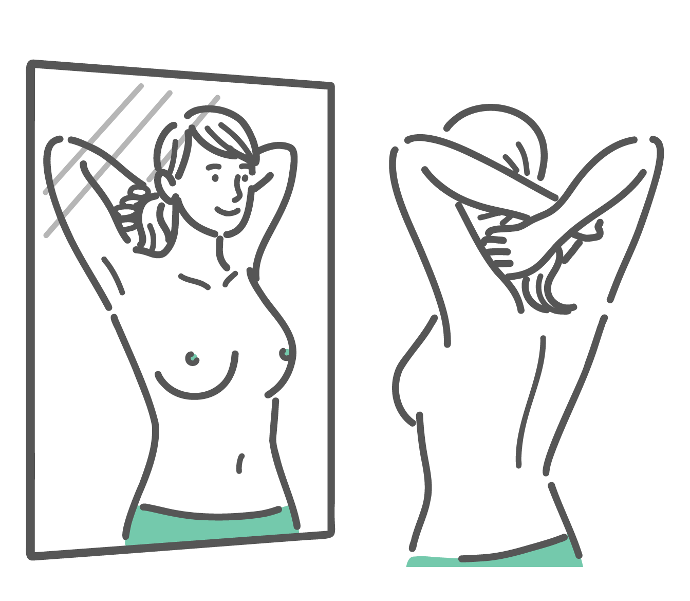 乳がんのセルフチェック（自己検診）で、上半身裸になり鏡の前に立っている女性のイラスト。両手を頭の後ろで組んで腕を上げ、乳房の皮膚にひきつれやくぼみ、左右差がないかを目で見て確認している様子。