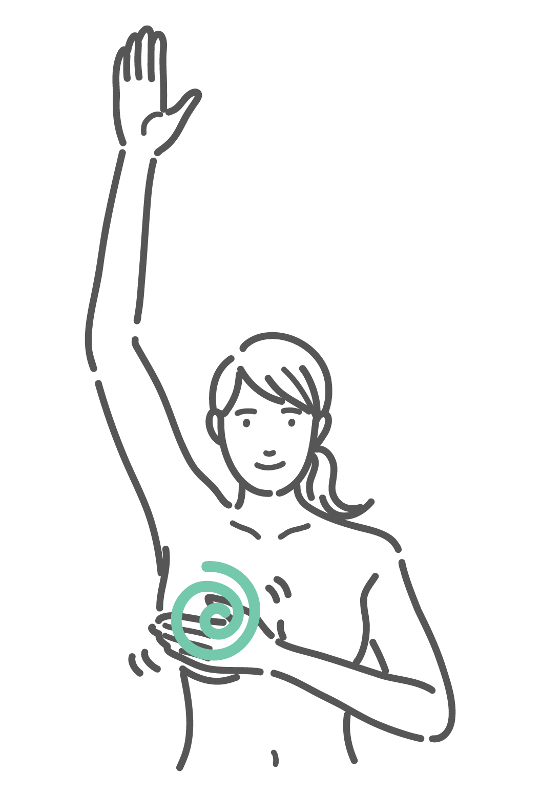 乳がんのセルフチェック（自己検診）で、片手を上に挙げて、反対の手の指の腹を使い、乳房の外側から内側へ「の」の字を描くように動かしてしこりを探している女性の上半身イラスト。