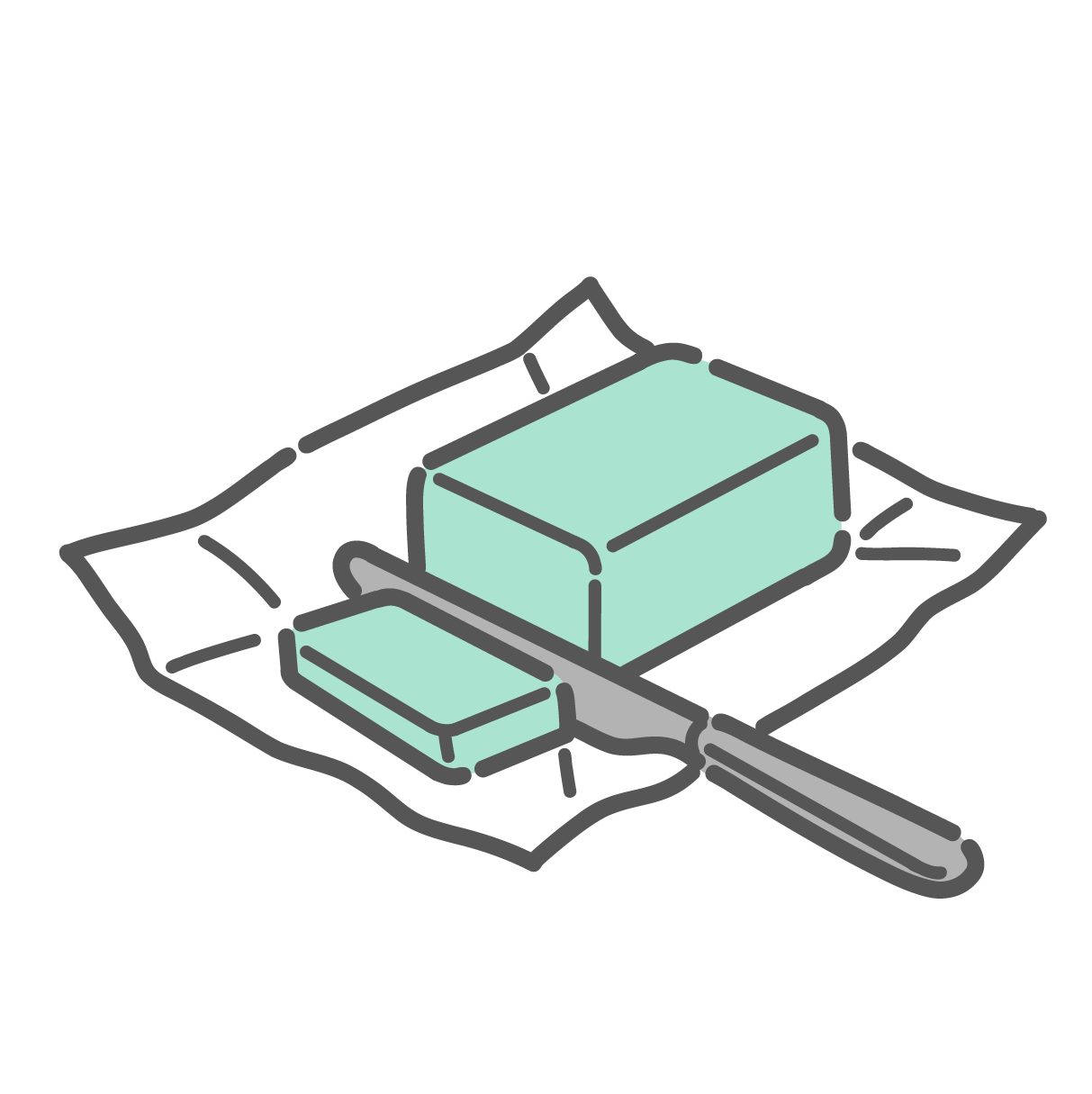 包み紙の上に乗った四角いバターと、バターナイフでカットされた一片のシンプルな線画イラスト。動物性脂肪や飽和脂肪酸の代表的な食材として描かれている。