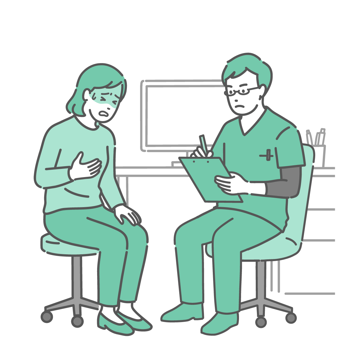 診察室で胸に手を当てて冷や汗をかき、苦しそうな表情で話す女性患者と、真剣な表情でメモを取りながら話を聞く緑色のスクラブ（医療用ウェア）にメガネ姿の男性医師のイラスト。