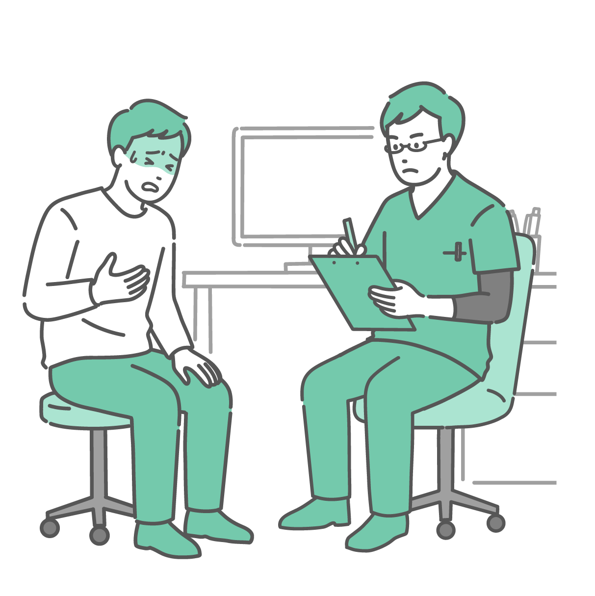 診察室で胸に手を当てて冷や汗をかき、苦しそうな表情で話す男性患者と、真剣な表情でメモを取りながら話を聞く緑色のスクラブ（医療用ウェア）にメガネ姿の男性医師のイラスト。
