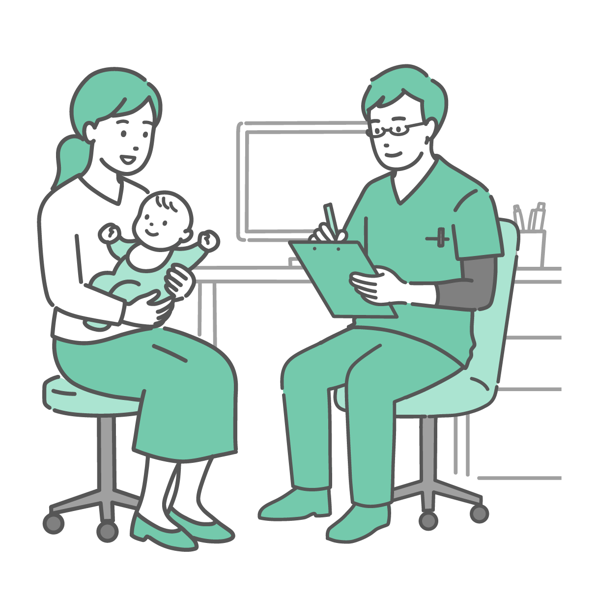 診察室で赤ちゃんを抱っこした母親と、メモを取りながら穏やかに話を聞く緑色のスクラブ（医療用ウェア）にメガネ姿の男性医師のイラスト。
