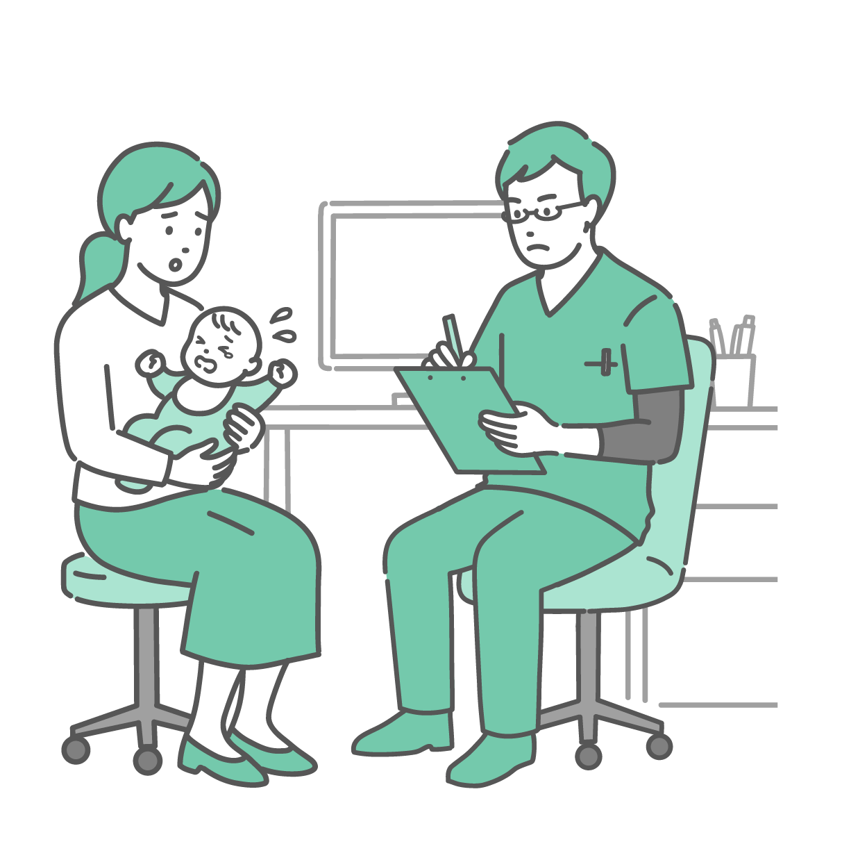診察室で泣いている赤ちゃんを抱いて心配そうな表情で話す母親と、真剣な表情でメモを取りながら話を聞く緑色のスクラブ（医療用ウェア）にメガネ姿の男性医師のイラスト。
